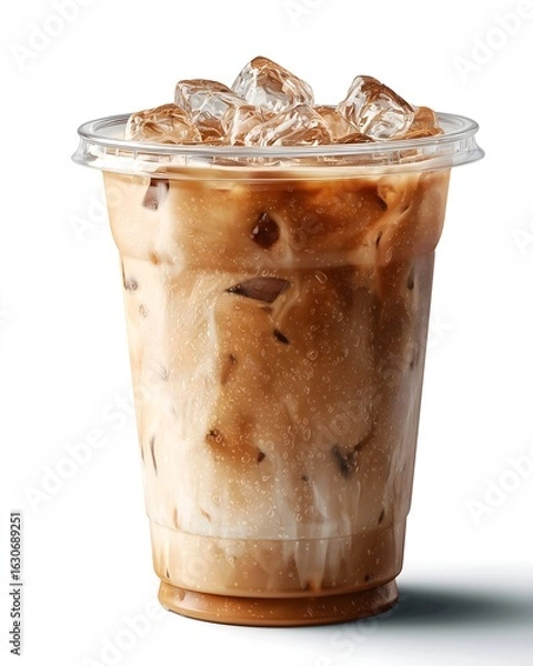 Fototapeta Isolated Iced Latte in Clear Takeaway Cup – Sharp Ice Detail & Natural Shadow on White Background
