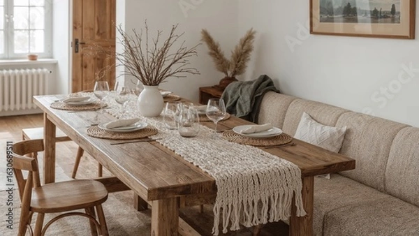 Fototapeta A beautifully decorated dining room featuring a rustic wooden table setting with elegant tableware decorative accents and elements of  scandinavian interior design.