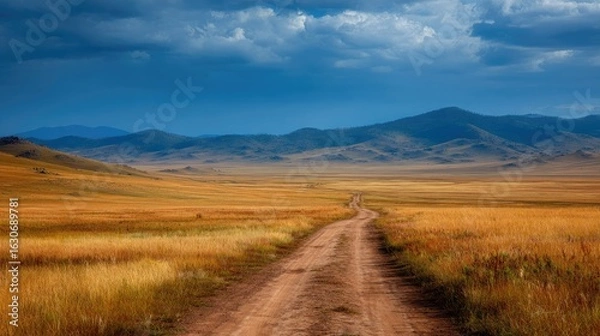 Fototapeta The image of a small road stretching through open fields and mountains as far as the eye can see gives a positive or peaceful feeling of travel, freedom, and solitude.