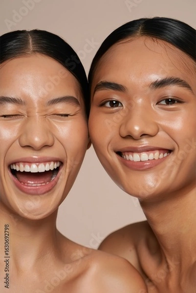 Obraz Two Smiling Women Close-Up Portrait - Genuine Joy and Connection