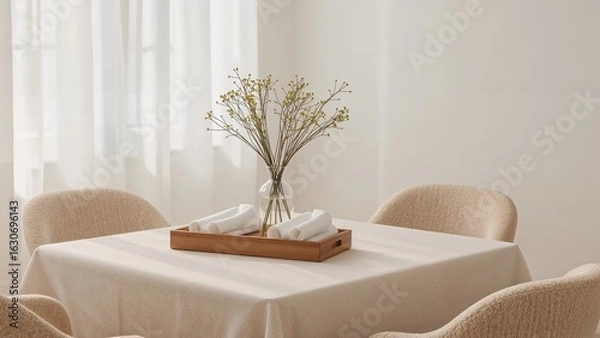 Fototapeta Elegant dining table setting with floral arrangement and cozy chairs in a bright scandinavian interior design