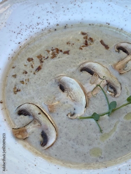 Obraz Plate of mushroom cream soup garnished with microgreens. Sebring dish in an Italian restaurant.