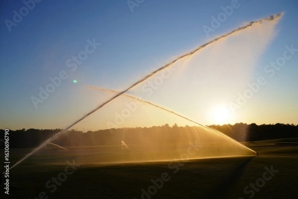 Obraz Sunset Irrigation Sprinkler on Golf Course Field - Water Spray and Golden Hour Light