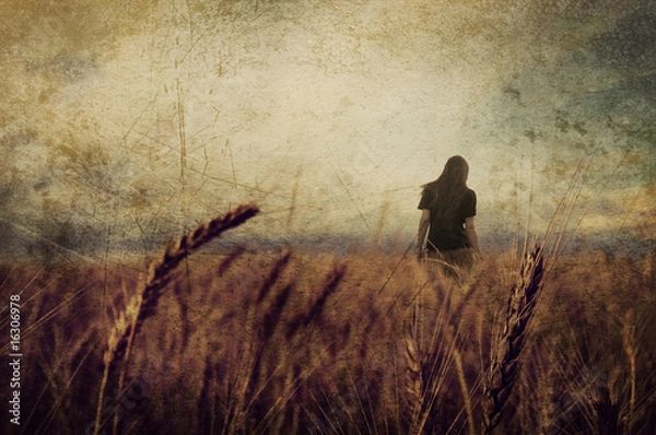 Obraz girl in wheat field paper texture background