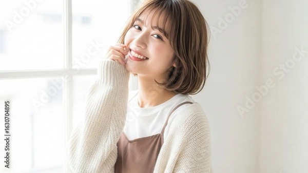 Obraz 白いセーターを着て楽しそうに笑うカットモデルの女性