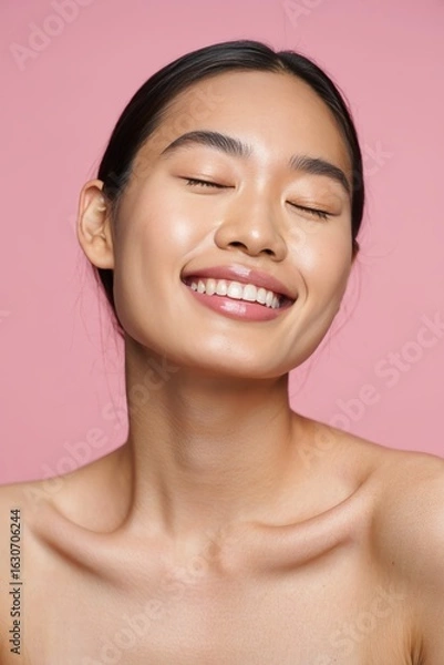 Obraz Smiling Asian Woman with Eyes Closed - Portrait of Happiness and Joy