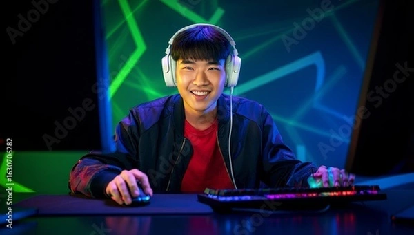 Obraz Smiling Asian Gamer with Headset and Gaming Setup