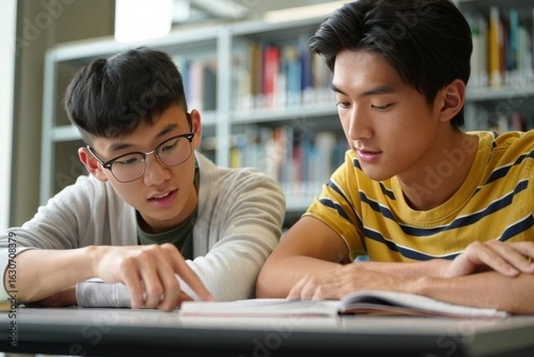 Obraz Two Young Men Studying Together at a Library Table