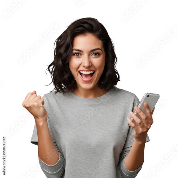 Fototapeta Portrait of an overjoyed woman celebrating success, holding a mobile phone with a victory gesture, Isolated on a Transparent Background PNG.