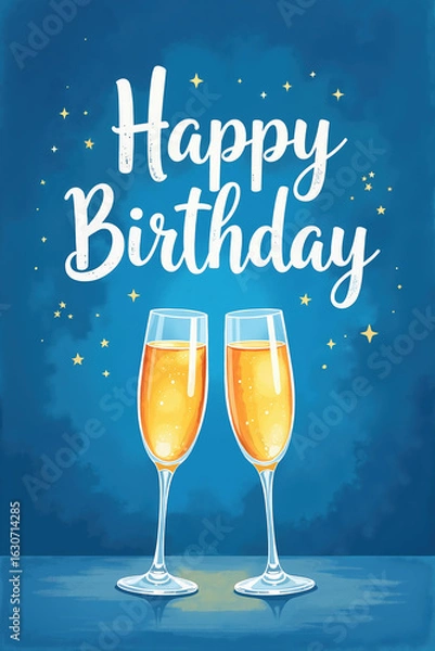 Fototapeta Two champagne flutes with bubbly drink on a blue background with gold stars and Happy Birthday text.