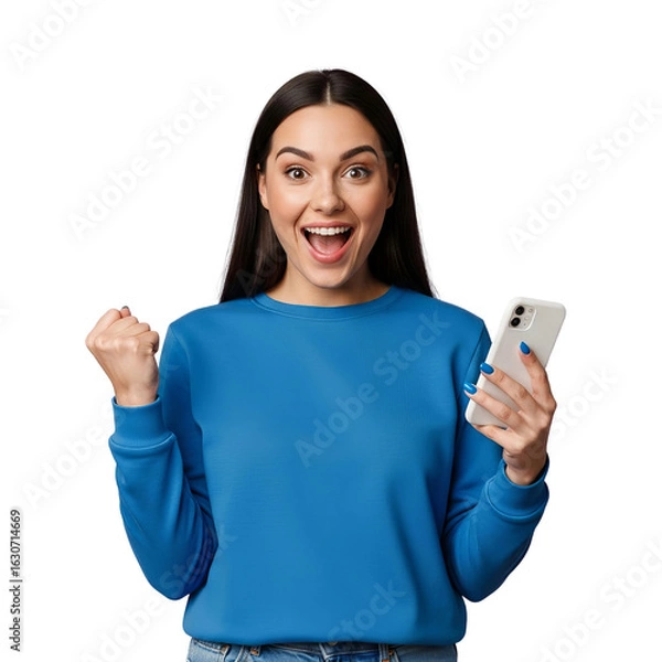 Fototapeta A portrait of an amazed and happy young woman celebrating good news on her mobile device, making a winner gesture, Isolated on a Transparent Background PNG.