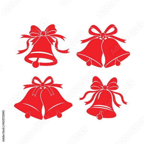 Fototapeta Christmas four red christmas bells with bows isolated on white background, a festive holiday design design elements