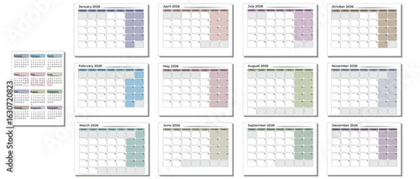 Fototapeta Work planner with calendar for 2026. Empty grid for daily and monthly schedule. Pastel color planner template for 2026. Calendar for notes, vector illustration.