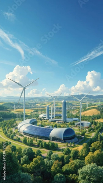 Fototapeta Futuristic green energy research center generating sustainable power