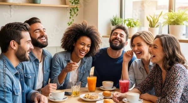 Obraz Joyful Friends Gathering at Café with Drinks and Delicious Treats