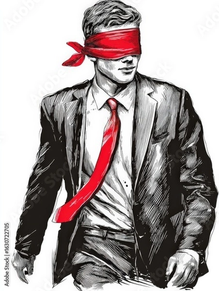 Fototapeta Businessman Walking Blindfolded in Suit with Red Tie Symbolizing Uncertainty and Risk