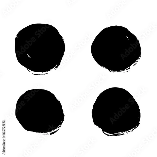 Fototapeta Set of circle with irregular shape. Ink, brush texture. Hand-drawn doodle form with wavy lines. Vector isolated on white background