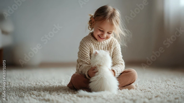 Fototapeta joyful little girl sits on clean floor playfully engaging with adorable kitten in soft light