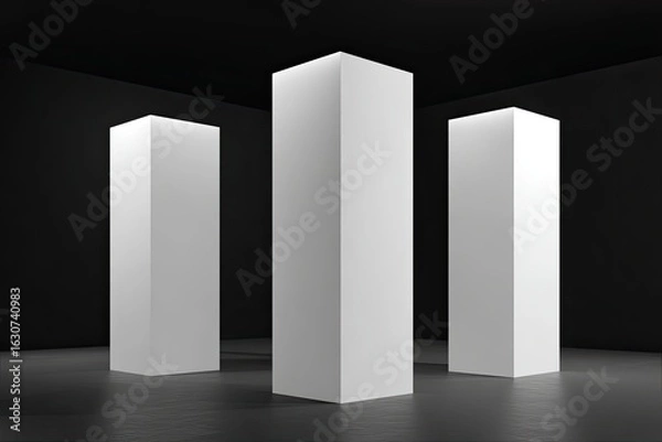 Obraz Three tall, blank, white rectangular pillars in a dark room