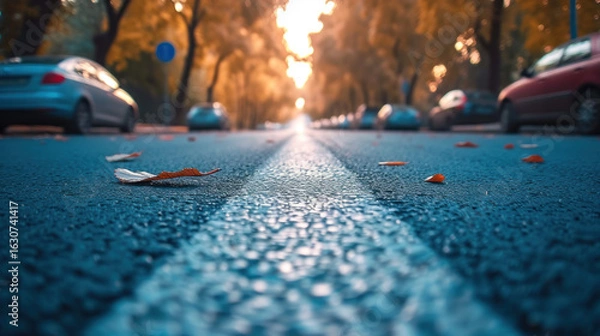 Fototapeta Autumn leaves on road: golden light illuminates street and vehicles creating fall mood. Urban nature scene.