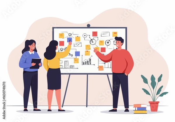 Fototapeta Three people collaborate on a project, using sticky notes and diagrams on a whiteboard to brainstorm ideas.