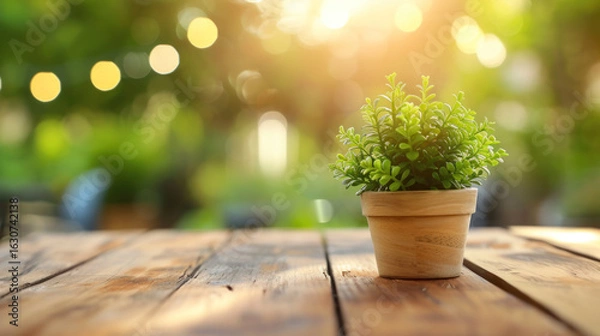 Fototapeta Small potted plant on wooden table with a bokeh background of natural green foliage and sunlight.