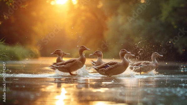 Fototapeta Ducks waddling through water with a backdrop of golden sunlight filtering through the surrounding trees.