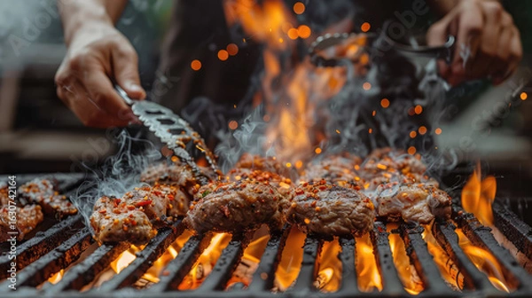 Fototapeta Sizzling chunks of meat being grilled over an open flame, sparks and smoke add to the fiery scene.