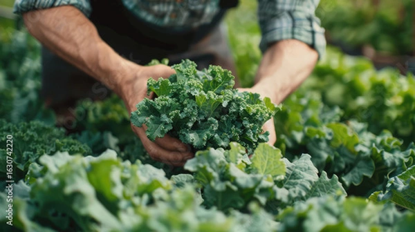 Fototapeta Farmer harvesting fresh, leafy greens in a garden setting, showcasing sustainable farming practices.