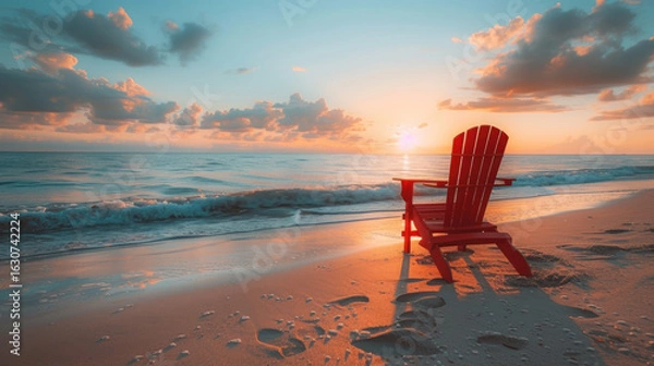 Fototapeta Beach chair at sunset: A tranquil seaside moment with footprints in the sand. Relaxing beach scene.