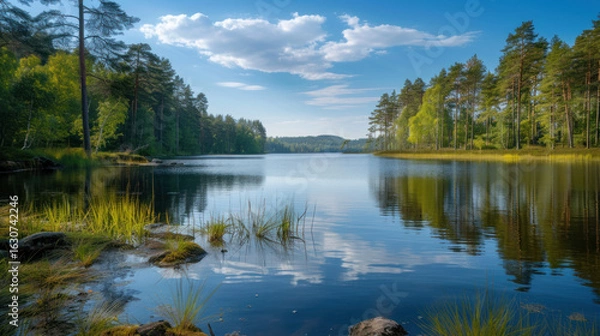 Fototapeta Still lake reflecting a forest under a cloudy blue sky. Nature scene, tranquil, and peaceful.