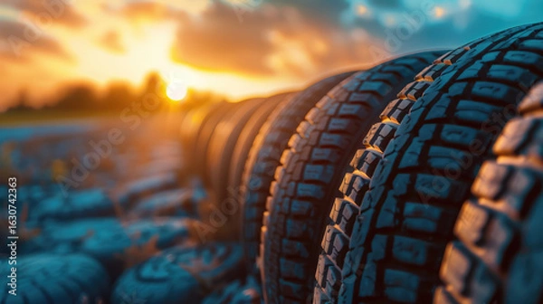 Fototapeta Tires lined up, illuminated by the warm hues of the setting sun, creating a textured and dynamic view.