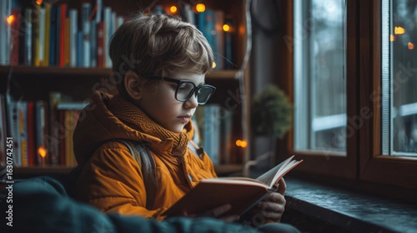 Fototapeta Boy engrossed in reading by the window. Cozy atmosphere with a bookshelf background and warm lighting.