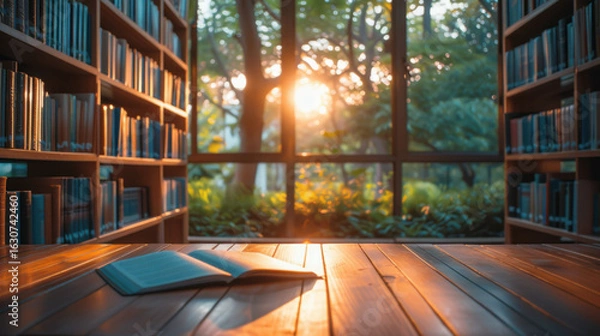 Fototapeta Book on wooden table with library shelves in background and sunlight pouring through the open window.