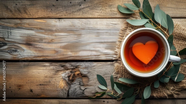 Fototapeta Heart-shaped tea on wooden background with eucalyptus, evoking warmth and affection in a rustic setting.