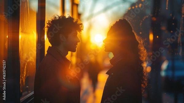 Fototapeta Two people at sunset, silhouetted against golden light, creates an atmosphere of warmth and connection.
