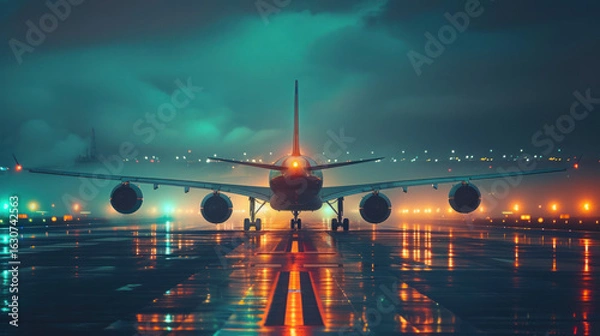 Fototapeta Airplane on wet runway at night with colorful lights, ready for take off or landing in low visibility.