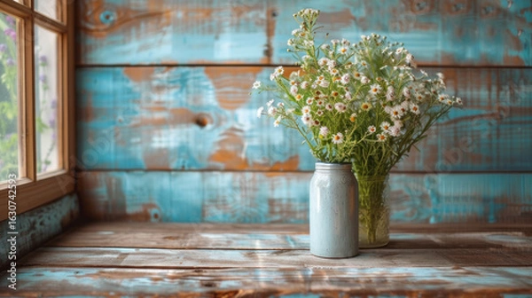 Fototapeta Vase of flowers sits pretty on an old wooden table next to a window in front of a rustic wood wall