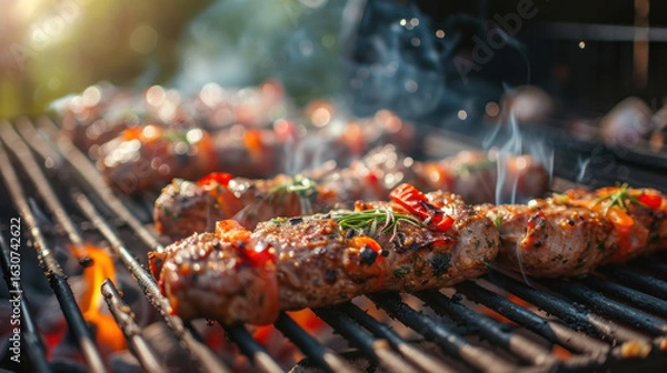 Fototapeta Grilled meat skewers with peppers and herbs over a charcoal grill, with smoke and flames rising.