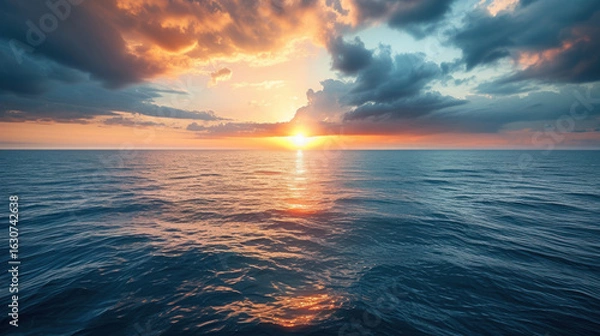 Fototapeta Vibrant sunset reflecting over the calm ocean surface with dramatic clouds creates a serene atmosphere.
