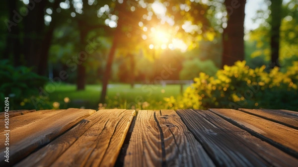 Fototapeta Sunlit wooden planks overlook a peaceful park scene, inviting a moment of serenity and connection with nature.