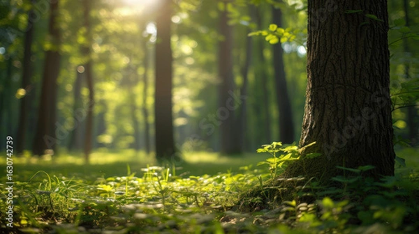 Fototapeta Sunlit forest floor with a large tree in the foreground, creating a serene and tranquil atmosphere.