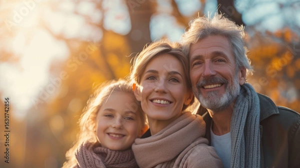 Fototapeta A smiling family enjoys a sunny autumn day outdoors. The photo features three generations together.