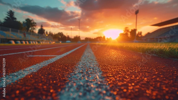 Fototapeta Track Lanes at Sunset: a close-up view of a track under warm sunlight, symbolizing athletic pursuit.
