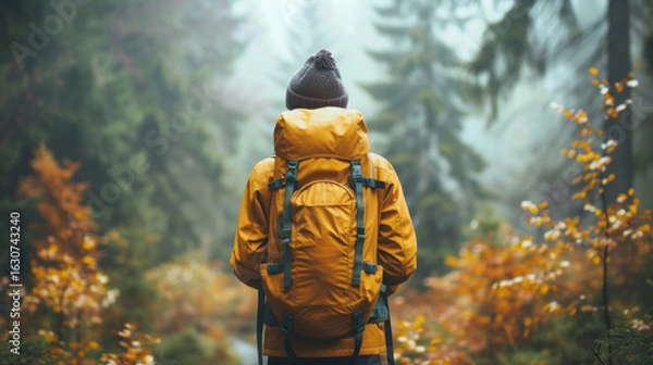Fototapeta Backpacker amidst a serene forest, wearing a vibrant yellow jacket and a cozy beanie for a tranquil hike.