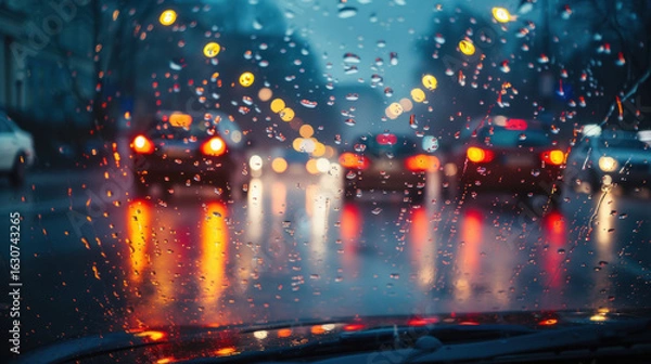 Fototapeta Rainy Night Drive: Raindrops on a windshield with blurred streetlights and car lights creating a moody atmosphere.