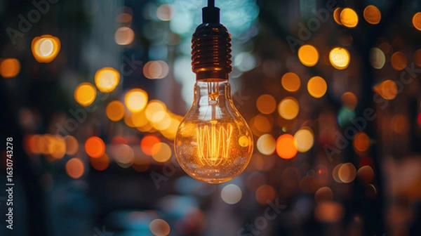 Fototapeta Illuminated bulb against a bokeh background. A single light shines, casting a warm glow.