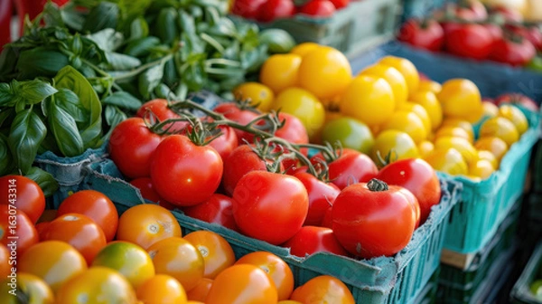 Fototapeta Freshly harvested colorful tomatoes and basil, perfect for a vibrant culinary experience.