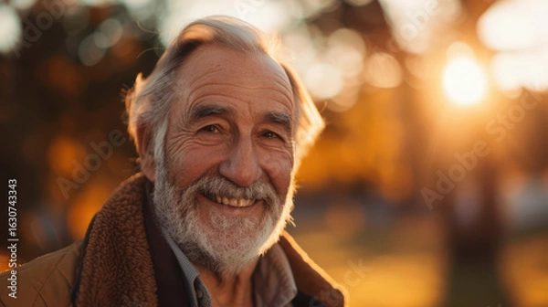 Fototapeta Warm portrait of a smiling elderly man with sunlight creating a golden hue during the day.