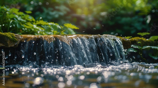 Fototapeta A small waterfall cascading over mossy rocks, sunlight reflecting in the water, creating a peaceful ambiance.